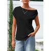 imagePRETTYGARDEN Womens Off The Shoulder Tops 2026 Summer Casual Short Sleeve Tunic T Shirts Lightweight Knit SweatersBlack