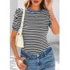 imagePRETTYGARDEN Womens Puff Short Sleeve Summer Tops 2026 Casual Ribbed Knit Work Basic Tees Crewneck Spring Striped T ShirtsBlack