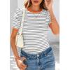 imagePRETTYGARDEN Womens Puff Short Sleeve Summer Tops 2026 Casual Ribbed Knit Work Basic Tees Crewneck Spring Striped T ShirtsGrey