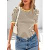 imagePRETTYGARDEN Womens Puff Short Sleeve Summer Tops 2026 Casual Ribbed Knit Work Basic Tees Crewneck Spring Striped T ShirtsKhaki