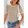 imagePRETTYGARDEN Womens Puff Short Sleeve Summer Tops 2026 Casual Ribbed Knit Work Basic Tees Crewneck Spring Striped T ShirtsKhaki