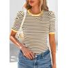 imagePRETTYGARDEN Womens Puff Short Sleeve Summer Tops 2026 Casual Ribbed Knit Work Basic Tees Crewneck Spring Striped T ShirtsKhaki