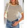 imagePRETTYGARDEN Womens Puff Short Sleeve Summer Tops 2026 Casual Ribbed Knit Work Basic Tees Crewneck Spring Striped T ShirtsKhaki