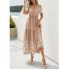 imagePRETTYGARDEN Womens Summer Boho Maxi Dress 2026 Spring Floral Short Sleeve V Neck A Line Flowy Beach Wedding Guest DressesKhaki