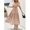 imagePRETTYGARDEN Womens Summer Boho Maxi Dress 2026 Spring Floral Short Sleeve V Neck A Line Flowy Beach Wedding Guest DressesKhaki