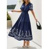 imagePRETTYGARDEN Womens Summer Boho Maxi Dress 2026 Spring Floral Short Sleeve V Neck A Line Flowy Beach Wedding Guest DressesNavy Blue
