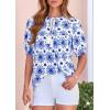 imagePRETTYGARDEN Womens Summer Boho Tops 2026 Tie Front V Neck Print Loose Fit Short Sleeve Peasant Blouses Vacation OutfitsFloral White Blue