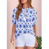 imagePRETTYGARDEN Womens Summer Boho Tops 2026 Tie Front V Neck Print Loose Fit Short Sleeve Peasant Blouses Vacation OutfitsFloral White Blue