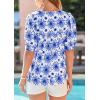 imagePRETTYGARDEN Womens Summer Boho Tops 2026 Tie Front V Neck Print Loose Fit Short Sleeve Peasant Blouses Vacation OutfitsFloral White Blue