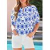 imagePRETTYGARDEN Womens Summer Boho Tops 2026 Tie Front V Neck Print Loose Fit Short Sleeve Peasant Blouses Vacation OutfitsFloral White Blue