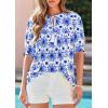 imagePRETTYGARDEN Womens Summer Boho Tops 2026 Tie Front V Neck Print Loose Fit Short Sleeve Peasant Blouses Vacation OutfitsFloral White Blue