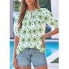imagePRETTYGARDEN Womens Summer Boho Tops 2026 Tie Front V Neck Print Loose Fit Short Sleeve Peasant Blouses Vacation OutfitsFloral White Green