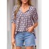imagePRETTYGARDEN Womens Summer Boho Tops 2026 Tie Front V Neck Print Loose Fit Short Sleeve Peasant Blouses Vacation OutfitsPurple