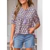 imagePRETTYGARDEN Womens Summer Boho Tops 2026 Tie Front V Neck Print Loose Fit Short Sleeve Peasant Blouses Vacation OutfitsPurple