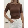 imagePRETTYGARDEN Womens Summer Short Sleeve Tops Boat Neck Ribbed Knit Slim Fit T Shirt Casual Basic Top 2026 Spring ClothesBrown