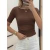 imagePRETTYGARDEN Womens Summer Short Sleeve Tops Boat Neck Ribbed Knit Slim Fit T Shirt Casual Basic Top 2026 Spring ClothesBrown