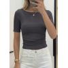 imagePRETTYGARDEN Womens Summer Short Sleeve Tops Boat Neck Ribbed Knit Slim Fit T Shirt Casual Basic Top 2026 Spring ClothesDark Grey