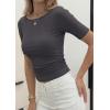 imagePRETTYGARDEN Womens Summer Short Sleeve Tops Boat Neck Ribbed Knit Slim Fit T Shirt Casual Basic Top 2026 Spring ClothesDark Grey