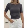 imagePRETTYGARDEN Womens Summer Short Sleeve Tops Boat Neck Ribbed Knit Slim Fit T Shirt Casual Basic Top 2026 Spring ClothesDark Grey