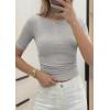 imagePRETTYGARDEN Womens Summer Short Sleeve Tops Boat Neck Ribbed Knit Slim Fit T Shirt Casual Basic Top 2026 Spring ClothesGrey