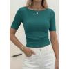 imagePRETTYGARDEN Womens Summer Short Sleeve Tops Boat Neck Ribbed Knit Slim Fit T Shirt Casual Basic Top 2026 Spring ClothesLake Blue