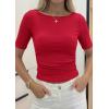 imagePRETTYGARDEN Womens Summer Short Sleeve Tops Boat Neck Ribbed Knit Slim Fit T Shirt Casual Basic Top 2026 Spring ClothesRed