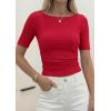 imagePRETTYGARDEN Womens Summer Short Sleeve Tops Boat Neck Ribbed Knit Slim Fit T Shirt Casual Basic Top 2026 Spring ClothesRed