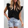 imagePRETTYGARDEN Womens Summer Tops 2026 Dressy Casual Ruffle Cap Sleeve Button V Neck Embroidered Eyelet Blouses ShirtsBlack