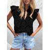 imagePRETTYGARDEN Womens Summer Tops 2026 Dressy Casual Ruffle Cap Sleeve Button V Neck Embroidered Eyelet Blouses ShirtsBlack