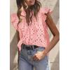 imagePRETTYGARDEN Womens Summer Tops 2026 Dressy Casual Ruffle Cap Sleeve Button V Neck Embroidered Eyelet Blouses ShirtsPink