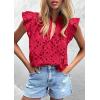imagePRETTYGARDEN Womens Summer Tops 2026 Dressy Casual Ruffle Cap Sleeve Button V Neck Embroidered Eyelet Blouses ShirtsRed