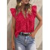 imagePRETTYGARDEN Womens Summer Tops 2026 Dressy Casual Ruffle Cap Sleeve Button V Neck Embroidered Eyelet Blouses ShirtsRed