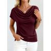 imagePRETTYGARDEN Womens Tops Dressy Casual Clothing 2026 Summer Cowl Neck Short Sleeve Blouses Spring Business Work Office ShirtsBurgundy