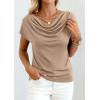 imagePRETTYGARDEN Womens Tops Dressy Casual Clothing 2026 Summer Cowl Neck Short Sleeve Blouses Spring Business Work Office ShirtsKhaki