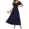 imagePRETTYGARDEN Summer Dresses for Women 2026 Boho Maxi Smocked Spring Wedding Guest Square Neck Short Sleeve Swiss Dot DressNavy Blue