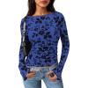 imagePRETTYGARDEN Women Long Sleeve Floral Mesh Tops Blouse 2026 Fall Trendy Boat Neck Ruched Spring Shirt Going Out Date OutfitsRoyal Blue