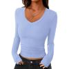 imagePRETTYGARDEN Womens Long Sleeve T Shirts 2026 Fall Trendy Deep V Neck Slim Fit Basic Crop Tops Casual Going Out TopLight Blue
