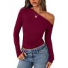 imagePRETTYGARDEN Womens Off Shoulder Long Sleeve Shirts 2026 Fall Ruched Fitted Asymmetrical Going Out Tops Trendy Y2K ClothesBurgundy