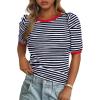 imagePRETTYGARDEN Womens Puff Short Sleeve Summer Tops 2026 Casual Ribbed Knit Work Basic Tees Crewneck Spring Striped T ShirtsNavy