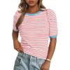 imagePRETTYGARDEN Womens Puff Short Sleeve Summer Tops 2026 Casual Ribbed Knit Work Basic Tees Crewneck Spring Striped T ShirtsPink