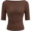 imagePRETTYGARDEN Womens Summer Short Sleeve Tops Boat Neck Ribbed Knit Slim Fit T Shirt Casual Basic Top 2026 Spring ClothesBrown