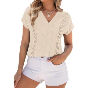 imagePRETTYGARDEN Blouses for Women Dressy Casual Spring 2026 Cap Sleeve V Neck Lace Trim Boho Tops Work Shirts Summer ClothesBeige