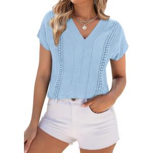 imagePRETTYGARDEN Blouses for Women Dressy Casual Spring 2026 Cap Sleeve V Neck Lace Trim Boho Tops Work Shirts Summer ClothesLight Blue
