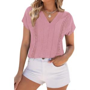 imagePRETTYGARDEN Blouses for Women Dressy Casual Spring 2026 Cap Sleeve V Neck Lace Trim Boho Tops Work Shirts Summer ClothesPink
