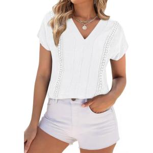 imagePRETTYGARDEN Blouses for Women Dressy Casual Spring 2026 Cap Sleeve V Neck Lace Trim Boho Tops Work Shirts Summer ClothesWhite