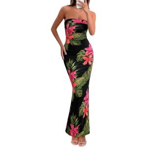 imagePRETTYGARDEN Bodycon Long Dresses for Women 2026 Strapless Tube Summer Floral Maxi Dress Sleeveless Back Slit Beach OutfitsFloral Black Red
