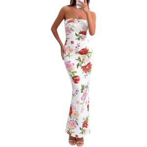 imagePRETTYGARDEN Bodycon Long Dresses for Women 2026 Strapless Tube Summer Floral Maxi Dress Sleeveless Back Slit Beach OutfitsFloral White Multicolored