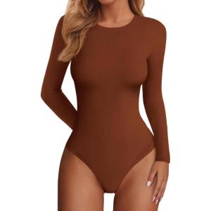 imagePRETTYGARDEN Bodysuits for Women 2026 Spring Long Sleeve Shirts Fitted Basic Ribbed Layering Tops Fall Fashion Winter ClothesCamel