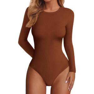 imagePRETTYGARDEN Bodysuits for Women 2026 Spring Long Sleeve Shirts Fitted Basic Ribbed Layering Tops Fall Fashion Winter ClothesCaramel