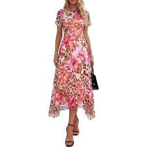 imagePRETTYGARDEN Cocktail Dresses for Women 2026 Summer Short Sleeve Floral Mesh Sheer Midi Party Wedding Guest DressFloral Apricot Leopard